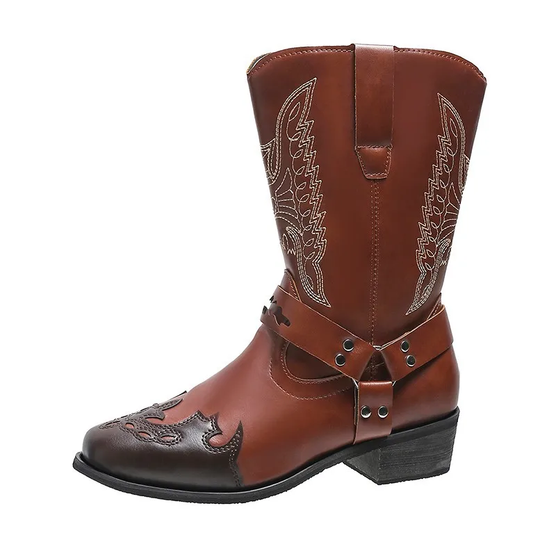 

Retro Fashion Horse Riding Boots for Women Western Cowgirl Boots Mid-calf Soft Leather Ladies Motorcycle Boots Knight Shoes