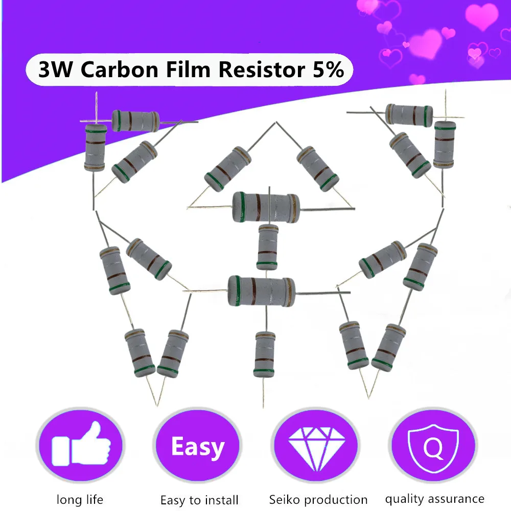 

Carbon Film Resistors 1K 4.7K 10K 220R Ohm Resistance Four-Color Ring Resistor 3W Braiding High Precision 5% 1R~1M 121 Values