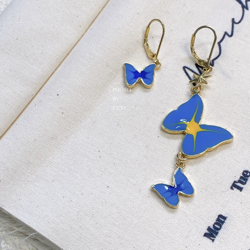 

Vintage Palace Baroque Blue Drip Glaze Asymmetric Butterfly Earrings Long Fairy Hand-painted Gold-plated Ear Buckles for Women
