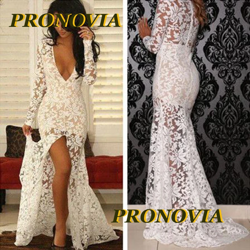 Женское вечернее платье с юбкой годе белое кружевное V образным вырезом длинным