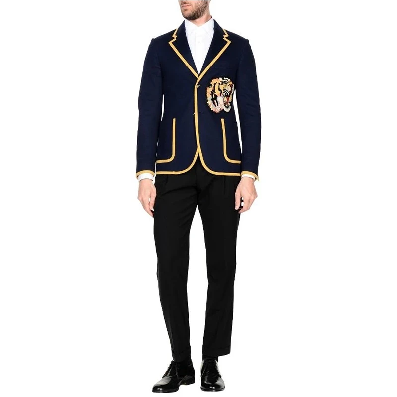 

2 Pieces Tiger Embroidered Navy Blue Notch Lapel Two Buttons Jacket With Black Pants Chinese Style Streetwear Casual Wear