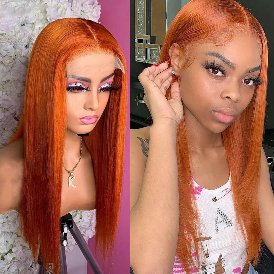 

Orange Ginger Color Lace Front Wigs Pre Plucked Brazilian Straight Human Hair Wigs Glueless 180% Density Remy Lace Frontal Wigs