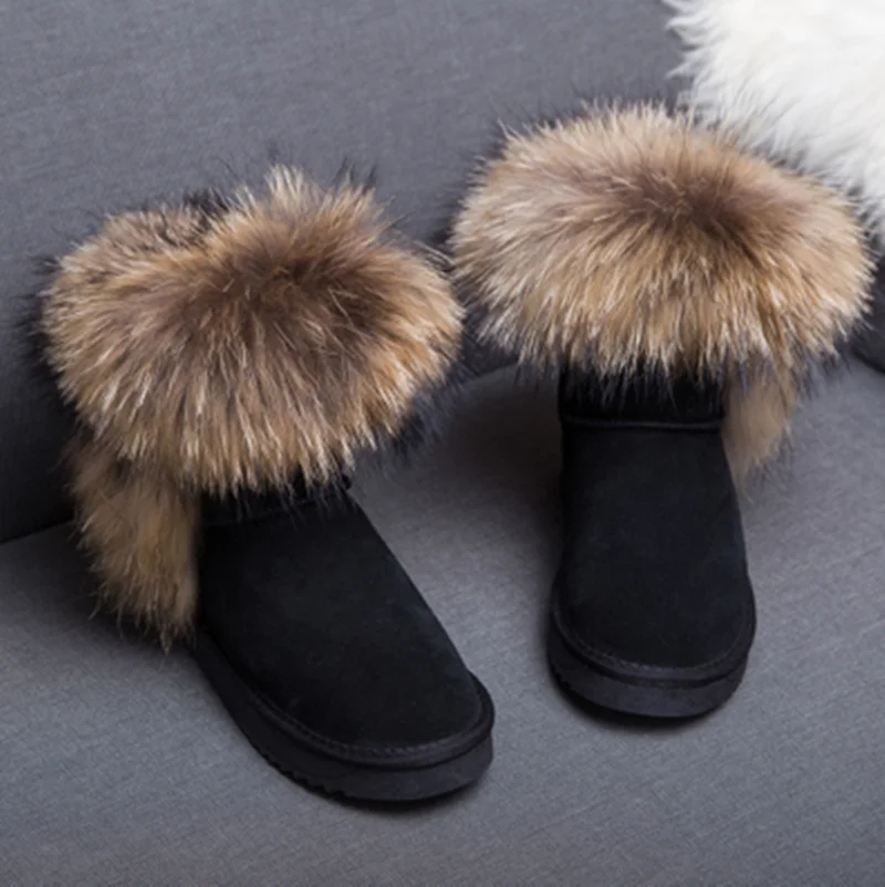 black suede fox fur G& Zaco/Роскошные зимние ботинки с натуральным лисьим мехом; женские ботинки из натуральной кожи; Средний теленок; водонепроницаемые ботинки из коровьей кожи с натуральным мехом - Цвет: black suede fox fur