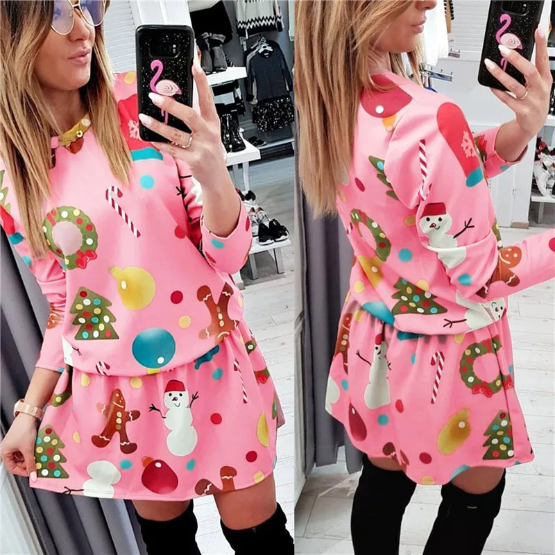 Elsvios Women Autumn Winter Christmas Dress New Year Long Sleeve Party Dress Snowman Print Mini Dresses For Parent-Kid Vestidos