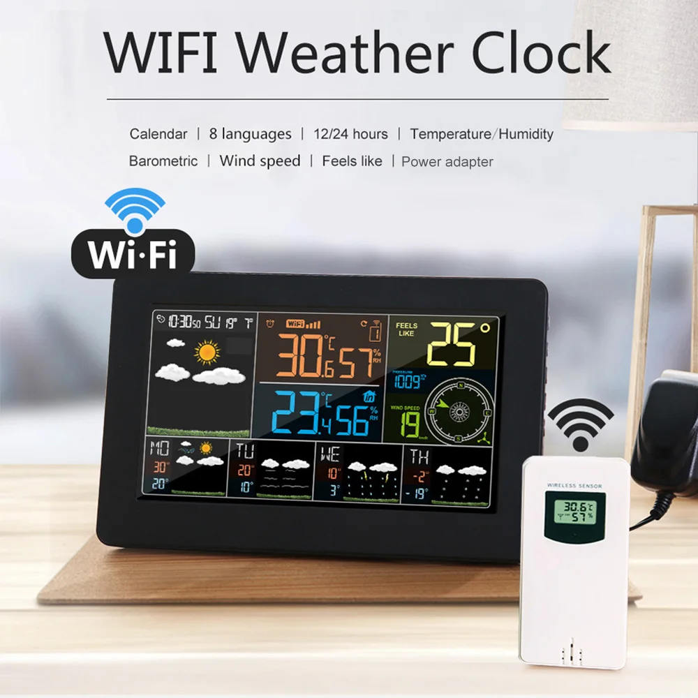 

Wifi Weather Clock Multifunctional Smart Digital Indoor Outdoor Thermometer Hygrometer Color WiFi Weather Station Monitor