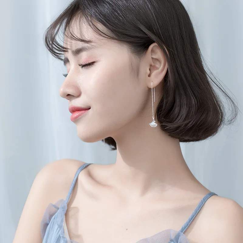 

Leaf Drop Earrings Real 925 Sterling Silver Ginkgo Biloba Threader Earrings Leaves long Earring for Women Hypoallergenic Jewelry
