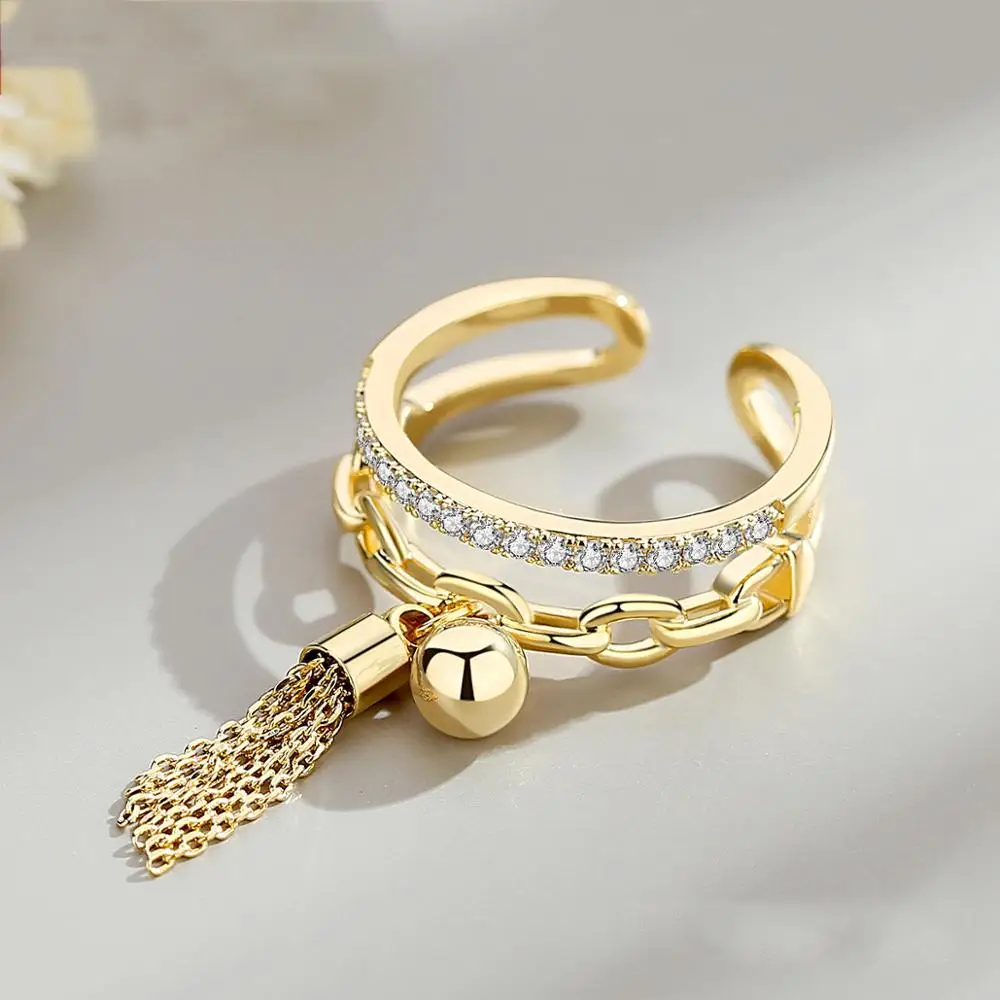 

Classic Link Chain Tassel Gold Color Micro Zircon Ring For Women Fashion Rings Wedding Party Engagement Adjustable