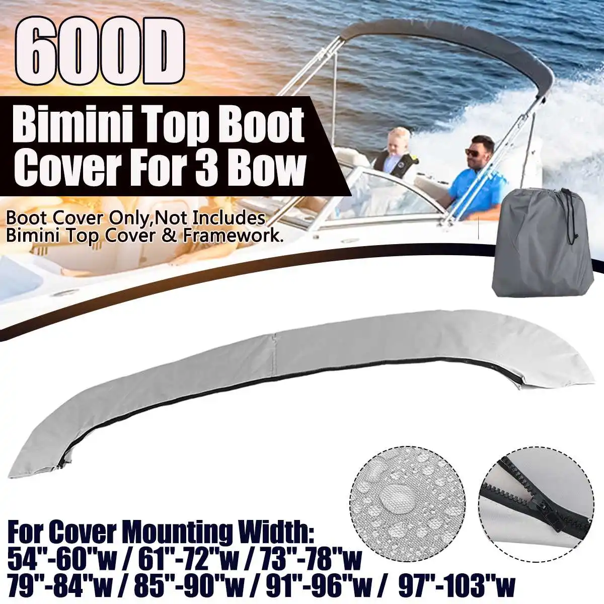 600D 3 Bow Bimini Top Boot Cover No Frame Waterproof Yacht Boat Cover with Zipper Anti UV Dustproof Cover Marine Accessories