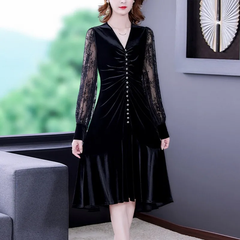 

Осень-зима 2021, черное бархатное платье, женское Новое кружевное платье-Русалка с длинным рукавом-фонариком и асимметричным поясом
