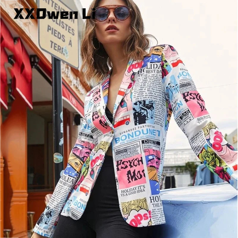 

Autumn Vintage Newspaper Print Suit Women 2022 New Casual Blazers Coat Spring Fashion Top Jacket Elegant Lady Stylish Streetwear