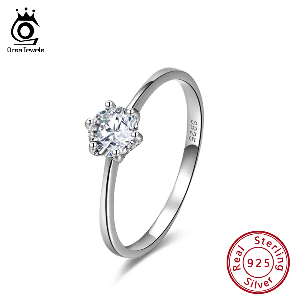

ORSA JEWELS Solid 925 Sterling Silver Women Wedding Solitaire Ring AAAA Round Cubic Zircon Fashion Finger Ring Jewelry SR116