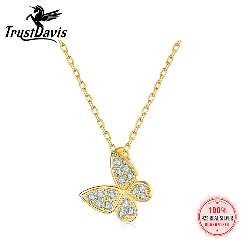 TrustDavis Real 925 Sterling Silver Butterfly Pendant Clavicle Chain Necklace Women 14K Gold Plated Party Jewelry Gift L116 | Украшения и