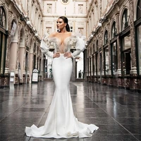 sexy mermaid evening dress off the shoulder long sleeve satin prom gowns sheer deep v neck crystal second reception dresses