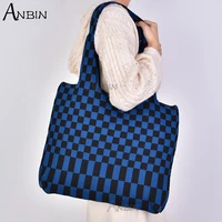 winter women checkerboard shoulder bag woolen knitted korean fashion female clash color large capacity casual shopping bags tote
