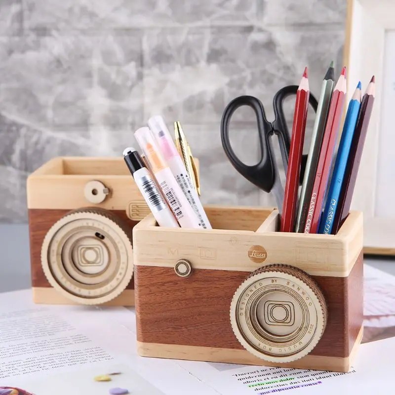 

Creative Camera Pattern Wooden Pen Pencil Case Holder Stand Desktop Sundries Storage Box Multi Purpose Use