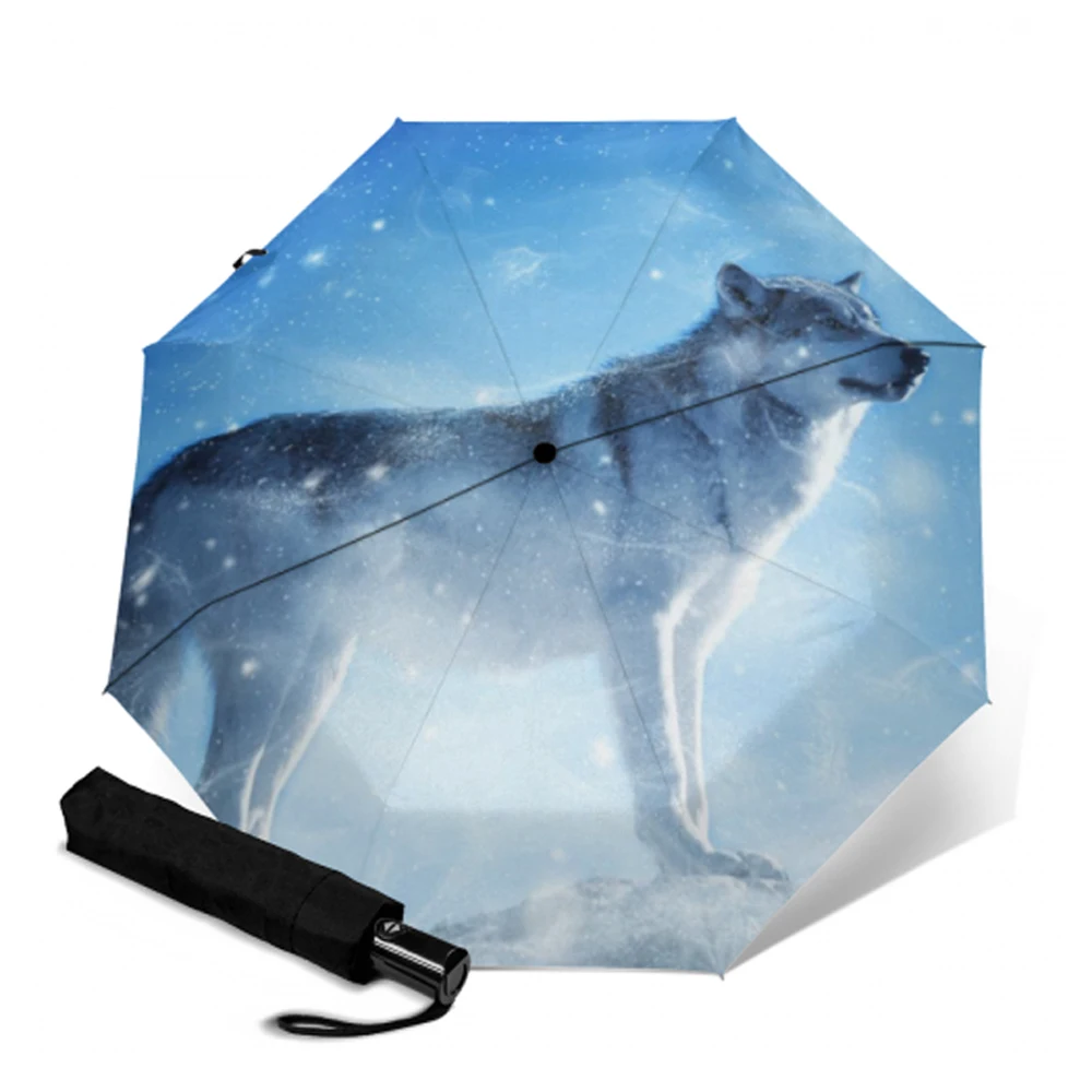 

Luxury Auto Paraguas Umbrella Pongee Three-folding Umbrella Travel Sun Umbrellas Wolf Printing Unique Parasol Paraguas Parapluie