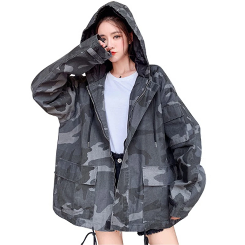 

2020 New Autumn Fashion Women Denim jacket loose plus size Casual Camouflage coats With cap High Quality
