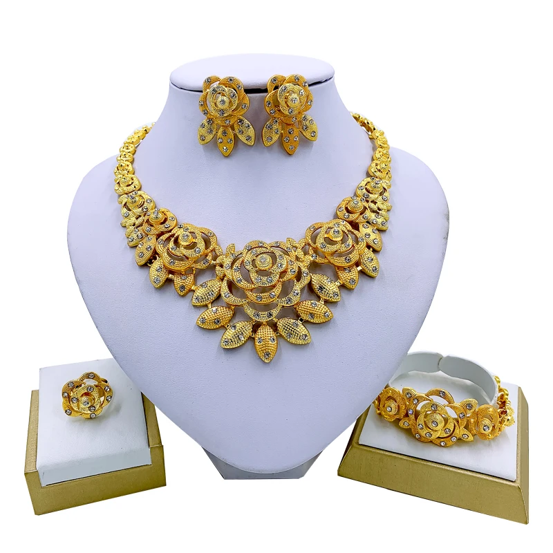 

Indian Charm Women Party Fashion Jewelry Sets Flower Necklace Bracelet Earrings Ring Luxury Jewelry Bridal Jewelry Set
