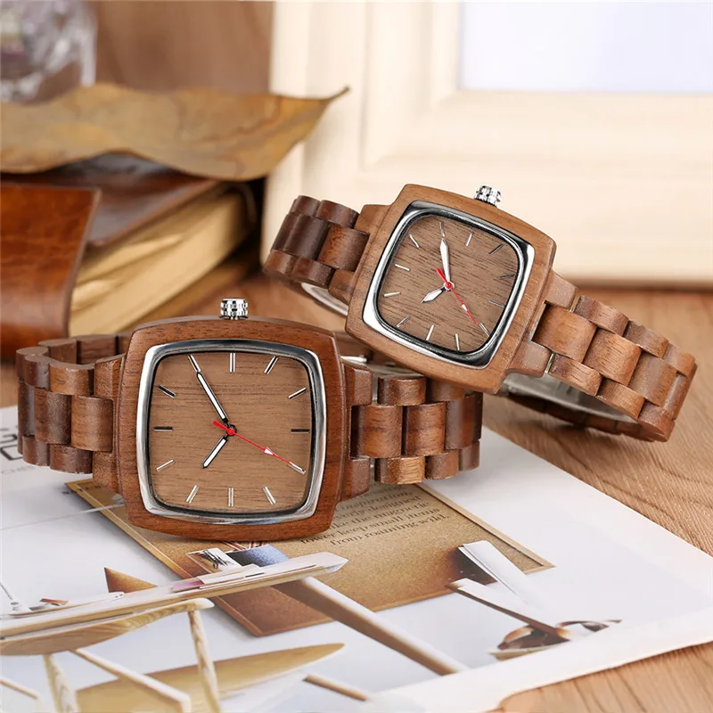 Creative Walnut Wooden Watches for Lovers Couple Wristwatch Women Men Quartz Watch Full Bamboo Band Reloj Hombre Souvenir Gifts