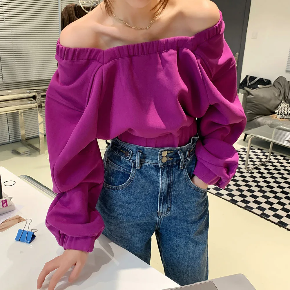 

Korean versatile Square collar Long Sleeve Shirt high waist pleated short off navel solid color Shirt Top 2022 New Spring Autumn