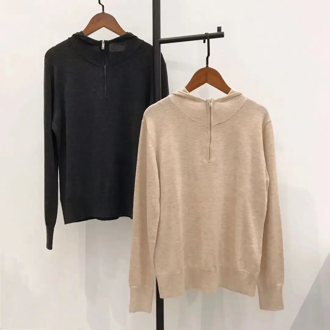 

Women Sweater New Fall/winter 2021 100% Wool Jersey Zip-up Hooded Loose Sweater Casual Knit Top