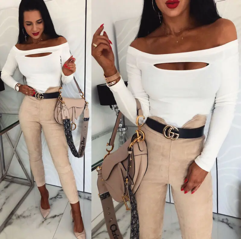 Модная женская футболка сексуальная с открытыми плечами длинным рукавом