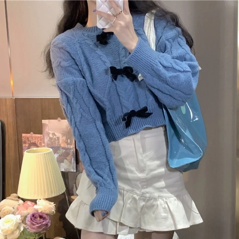 

Дизайнерский вязаный свитер с бантом в стиле ретро, Нежный свитер в японском стиле без одежды, шикарный топ для ранней осени, женская мода
