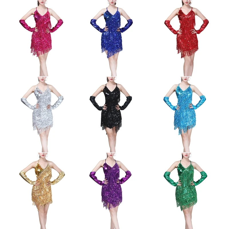 

Туфли, украшенные пайетками, с Многослойные косой кисточкой чулок, юбка для латинского танца, платья без рукавов, самбы, румбы для гоночного