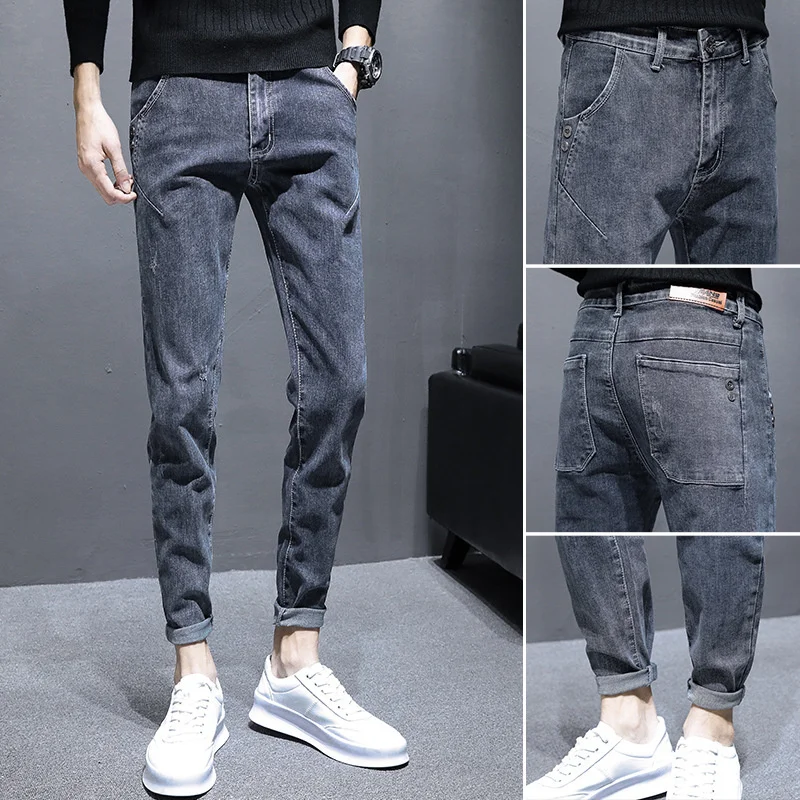 

Мужские свободные эластичные джинсы, Корейская версия 2021, модные повседневные осенние брюки с небольшими штанинами, 100