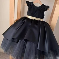 pageant black flower girls dresses for wedding ball gown cap sleeve with golden bow knot children toddler infant party dress