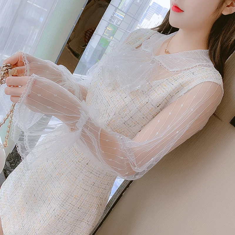 

COIGARSAM Women Dress Autumn 2021 New Full Sleeve Patchwork Mesh Dresses Traf Robe Vestidos