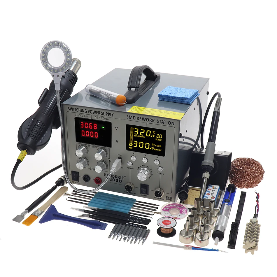 HANDSKIT 9305D SMD паяльная станция фена и паяльник для подключения к DC Питание для детей, на возраст от 0 до 30V 0-5A USB 5V 2A 4-в-1 паяльная станция