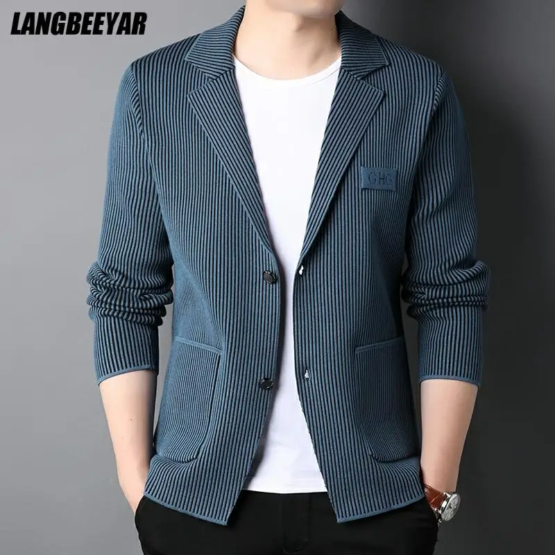 

Top Grade New Brand Casual Fashion Slim Fit Blazer Jacket Smart Elegant Stylish Knitted Suit Striped Men Coat Mens Clothes 2021