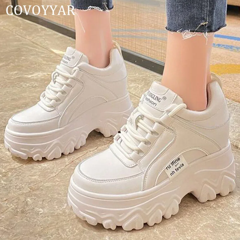 

COVOYYAR Chunky Sneakers Woman Shoes Fashion Lady Solid Lace-up Height Increase Women Platform Shoes WSN429