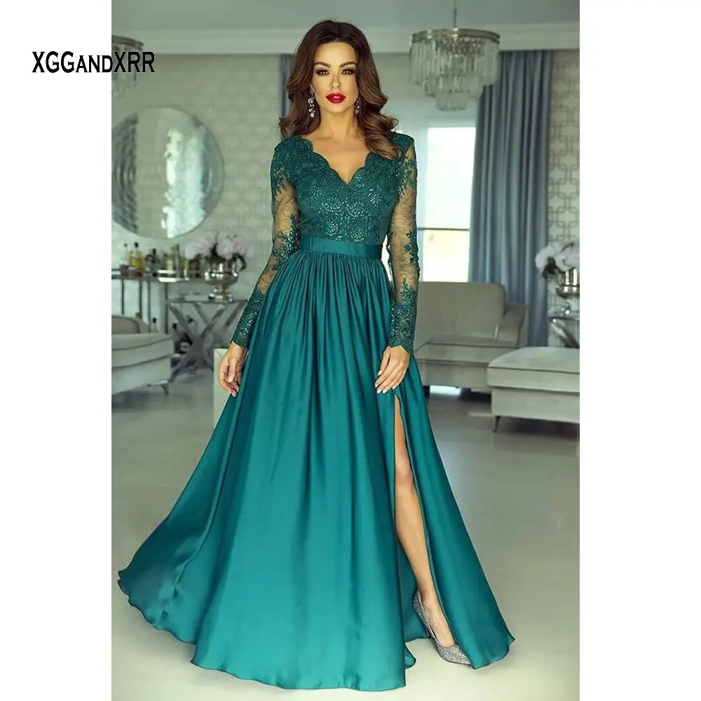 

Hot Sale Sexy Ball Gown Prom Dress 2021 Long Sleeve V Neck Sweep Train Formal Green Evening Party Gown Illusion Back Custom Made