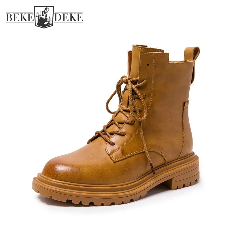 

Vintage Real Leather Ankle Boots Women British Style Platform Motorcycle Boots Cross-Tied Zipper Autumn Winter High Top Shoes
