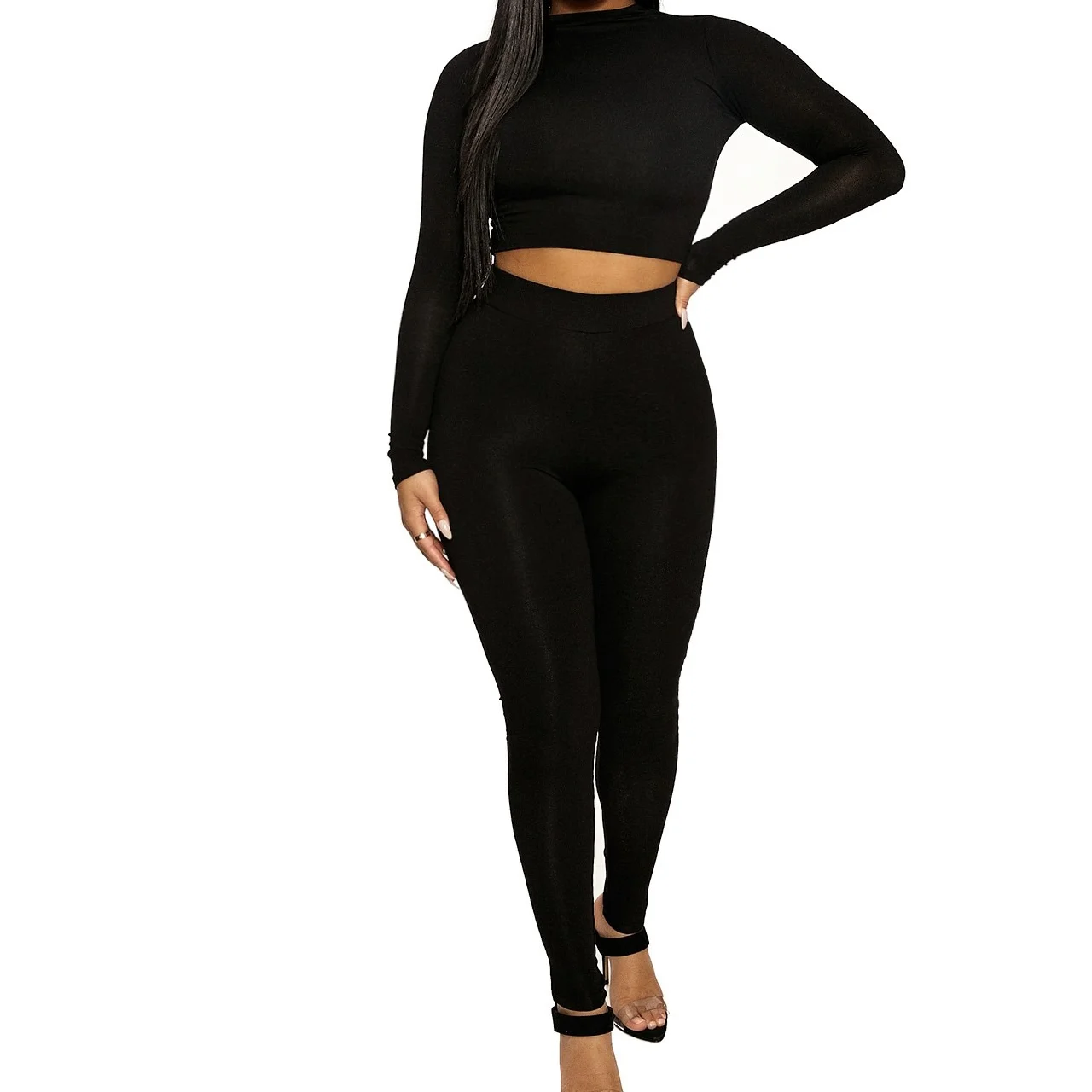 

Новый женский весенне-осенний повседневный комплект, Женский пикантный Топ с длинным рукавом и брюки, однотонный облегающий спортивный кос...