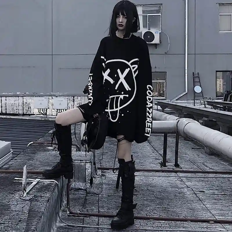 gothic sweatshirt Women korean oversized long sleeve t shirt hip hop punk streetwear girls tees Black Loose Long Sleeve T Shirt | Женская