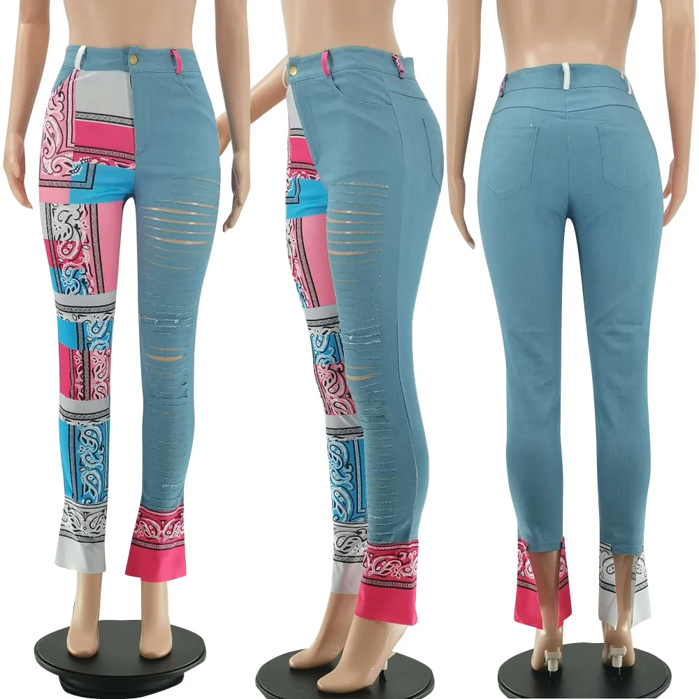 

Echoine Vintage Paisley Bandana Print Denim Pants High Waist Patchwork Jeans Sexy Bodycon Skinny Blue Flare Women Trousers