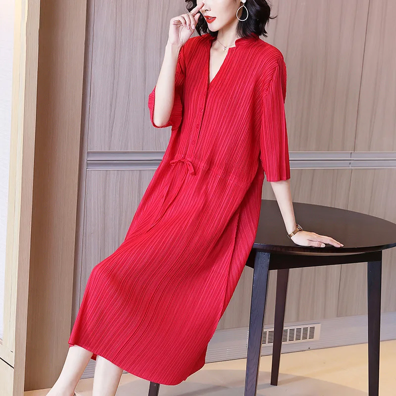 

TVVOVVIN Spring 2021 New Female Solid Color V-neck Mid-length Drees Large Size Loose Pleated Lace-up Dress 47SF
