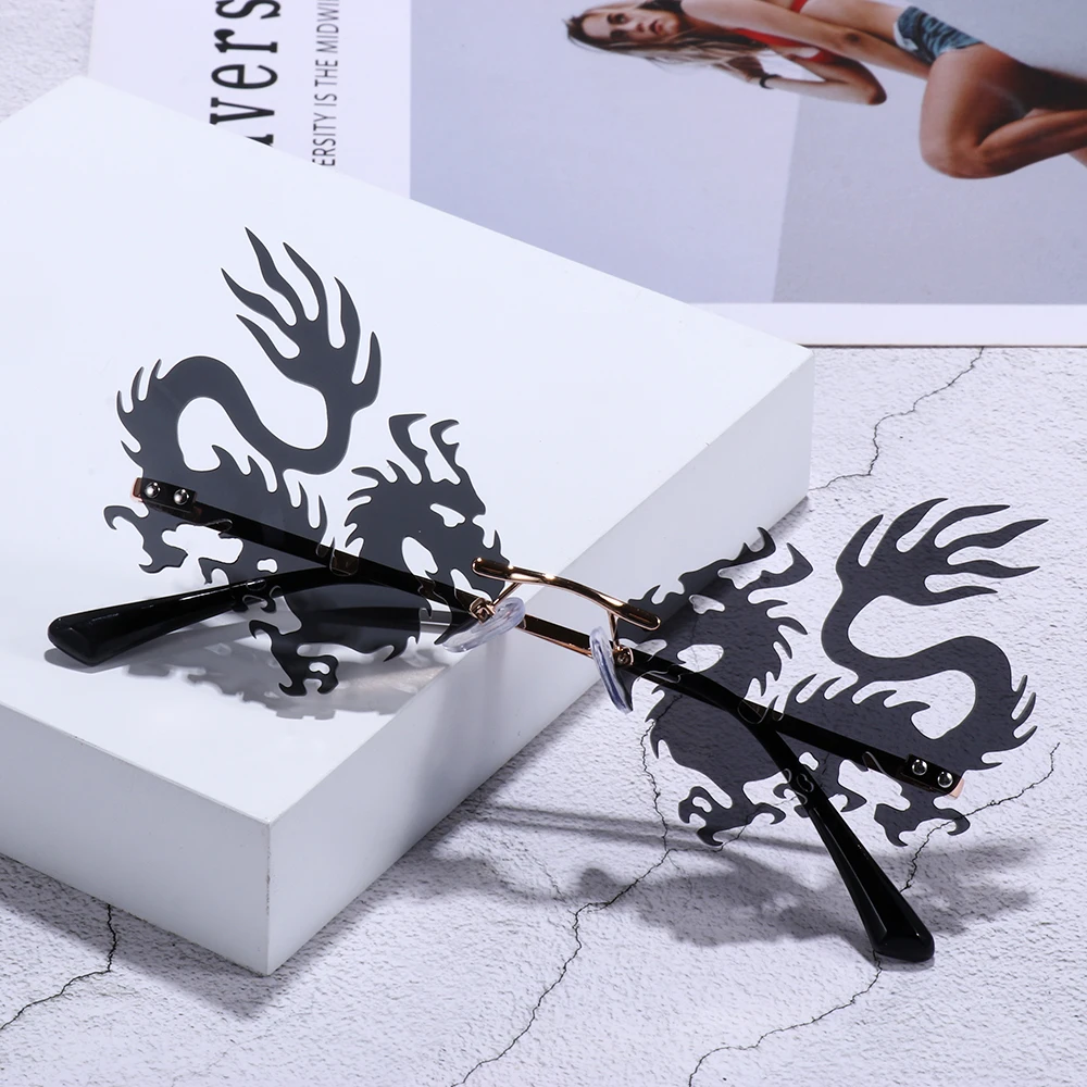 Luxury Frameless Dragon Phoenix Fire Shape Flame Rimless Fashion Sunglasses Narrow Sunglasses UV 400 Streetwear Trending Eyewear