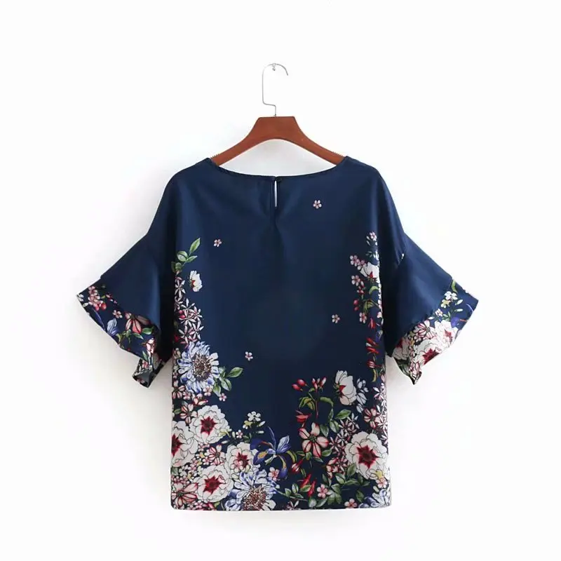 2018 модная женская винтажная рубашка с цветочным принтом блуза круглым вырезом и