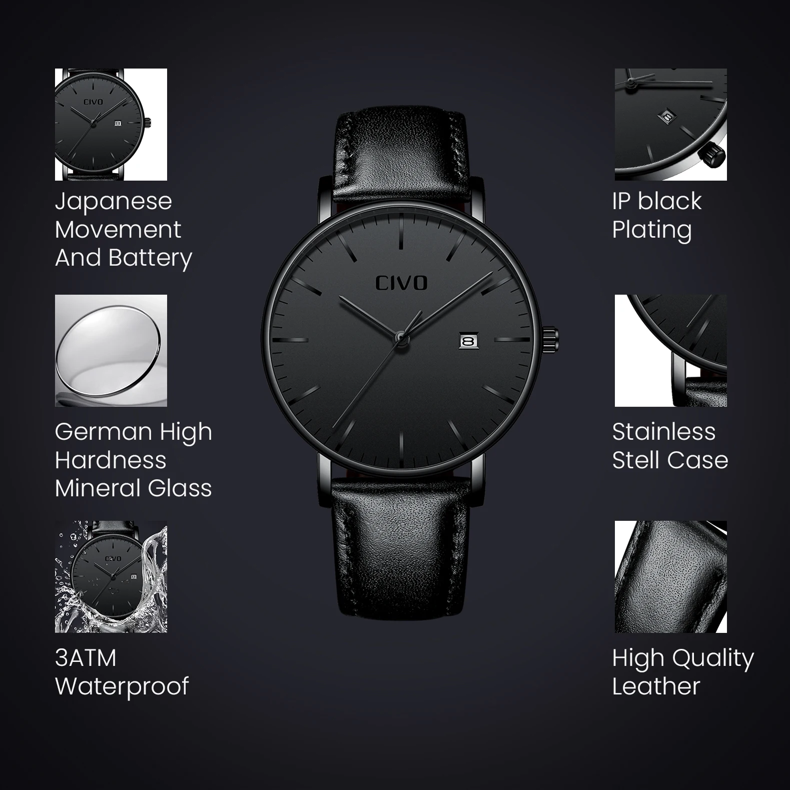 Часы наручные CIVO мужские ультратонкие минималистичные водонепроницаемые