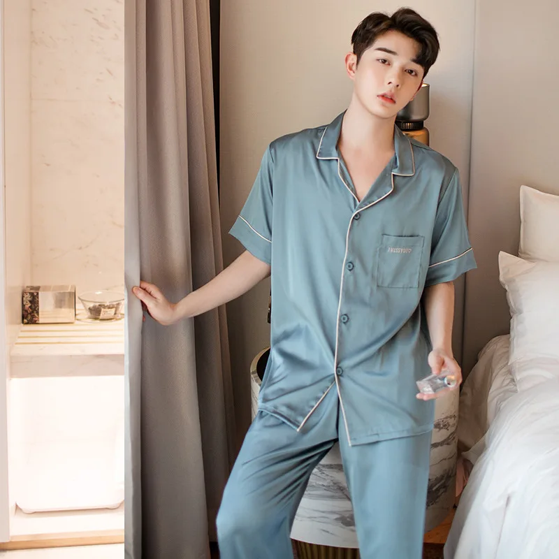 

Fashion Casual Home Satin Silk Home Wear Short-sleeved Cardigan Lapel Pajamas Comfortable Men Pajamas Sleepwear Set