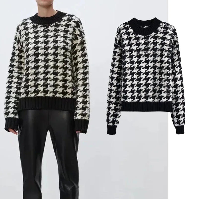 

Women's Sweater Za 2021 New Fashion Houndstooth Loose Knit Vintage O-Neck Long Sleeve Street style Female Pullovers Chic Tops