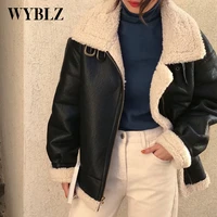 wyblz faux leather coats women wool short jackets feamle long sleeve belt zipped thick warm korean fashion winter coat outerwear