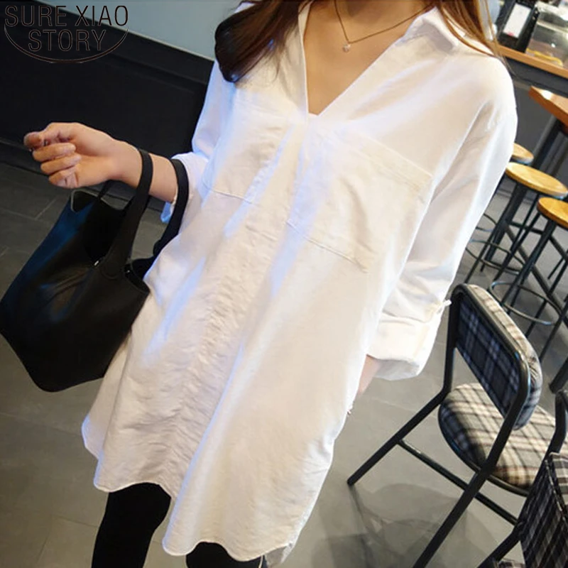 

White Long Shirts Women Korean V-neck Fashion 2021 Autumn Blouse Plus Size 5XL Loose Long Sleeve Shirt Women Tops Pullover 10936