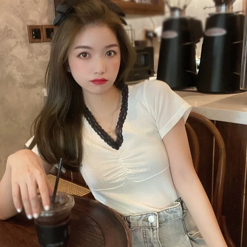 

Jlong Lace V Neck T Shirt Korean Short Sleeve Knitted T Shirts Women Summer Tee Top