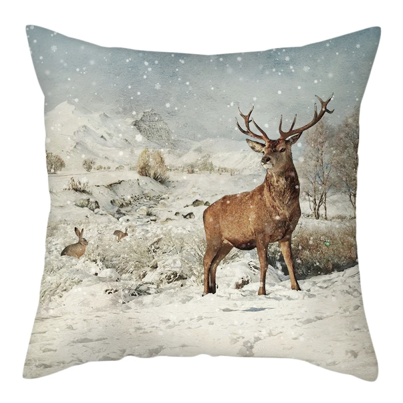 

New Peach Skin Merry Christmas Pillow Case Xmas Deer In Snow Forest Picture Cushion Cover for Home Sofa Decor Short Plush Pillow