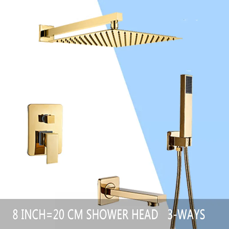 3 ways 8 inch Золотой Ванная комната душа комплект 3 канальный осадков Системы Настенный 8 10 12 ''Насадки для душа латунь Ванна Носик Смеситель для горячей и холодной воды - Цвет: 3 ways 8 inch